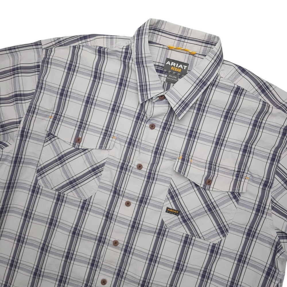 Ariat Rebar Shirt Mens 3XL Gray Plaid Short‎ Sleeve Button Up Workwear Western